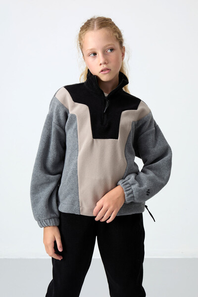 Tommylife Wholesale 7-15 Age Stand Collar Standard Fit Girls Fleece Sweatshirt 75153 Gray Melange - Thumbnail