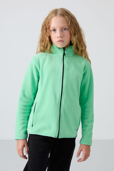 Tommylife Wholesale 7-15 Age Stand Collar Standard Fit Girls Fleece Sweatshirt 75154 Aqua Green - Thumbnail