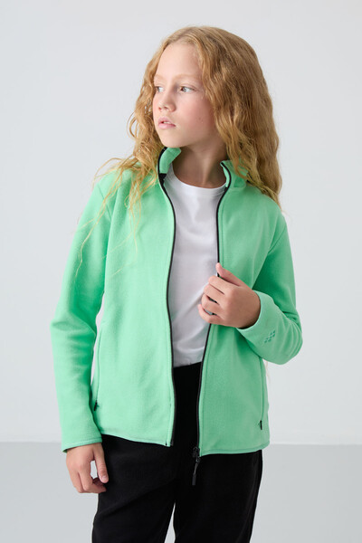 Tommylife Wholesale 7-15 Age Stand Collar Standard Fit Girls Fleece Sweatshirt 75154 Aqua Green - Thumbnail