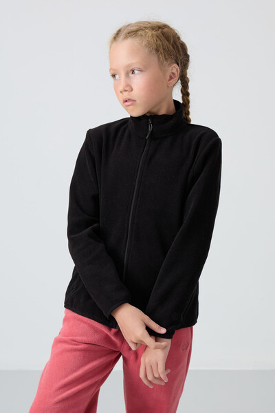 Tommylife Wholesale 7-15 Age Stand Collar Standard Fit Girls Fleece Sweatshirt 75154 Black - Thumbnail