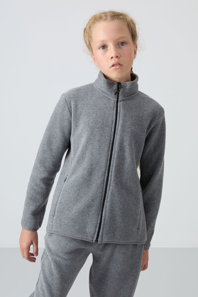 Tommylife Wholesale 7-15 Age Stand Collar Standard Fit Girls Fleece Sweatshirt 75154 Gray Melange - Thumbnail