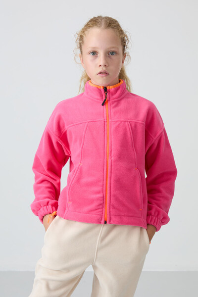 Tommylife Wholesale 7-15 Age Stand Collar Standard Fit Girls Fleece Sweatshirt 75157 Candy Pink - Thumbnail