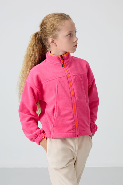 Tommylife Wholesale 7-15 Age Stand Collar Standard Fit Girls Fleece Sweatshirt 75157 Candy Pink - Thumbnail