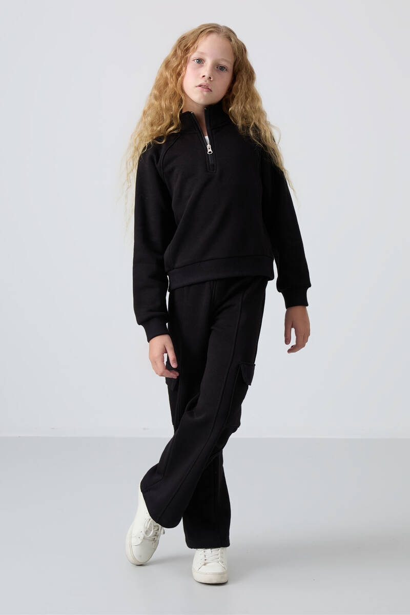 TommyLife - Tommylife Wholesale 7-15 Age Stand Collar Standard Fit Girls Tracksuit Set 75159 Black