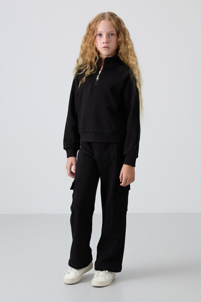 Tommylife Wholesale 7-15 Age Stand Collar Standard Fit Girls Tracksuit Set 75159 Black - Thumbnail