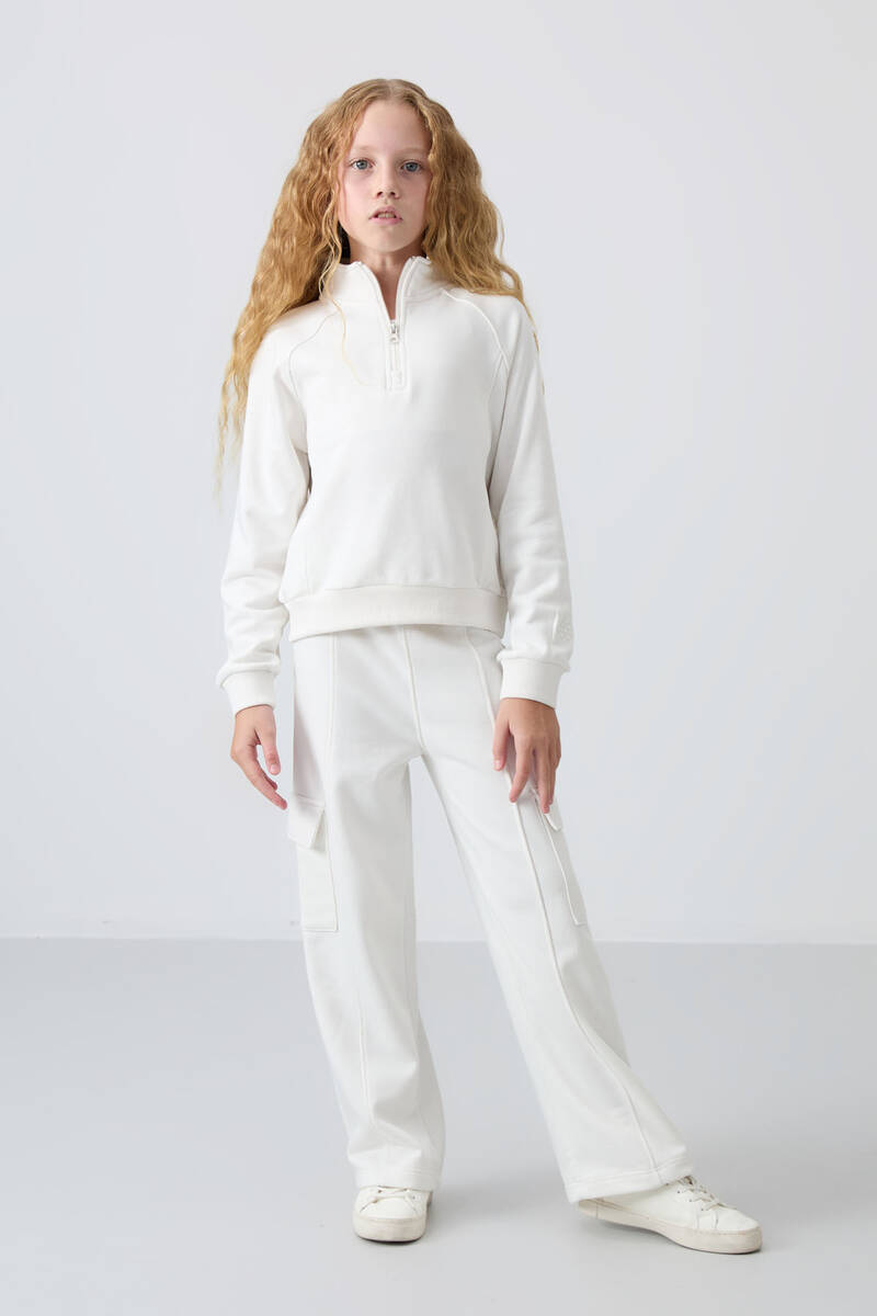 TommyLife - Tommylife Wholesale 7-15 Age Stand Collar Standard Fit Girls Tracksuit Set 75159 Ecru