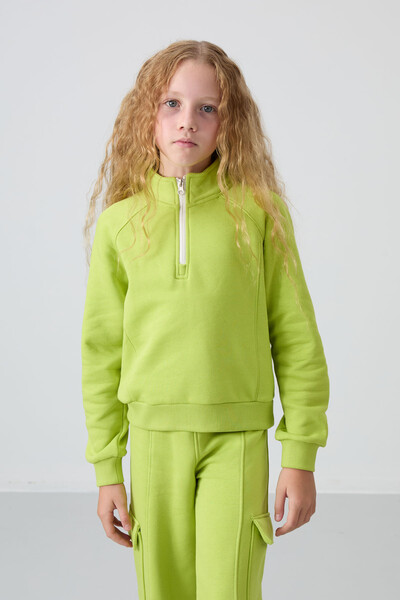 Tommylife Wholesale 7-15 Age Stand Collar Standard Fit Girls Tracksuit Set 75159 Lime Green - Thumbnail