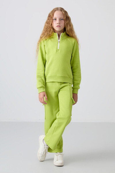 Tommylife Wholesale 7-15 Age Stand Collar Standard Fit Girls Tracksuit Set 75159 Lime Green - Thumbnail