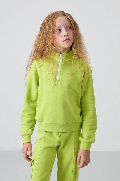 Tommylife Wholesale 7-15 Age Stand Collar Standard Fit Girls Tracksuit Set 75159 Lime Green - Thumbnail