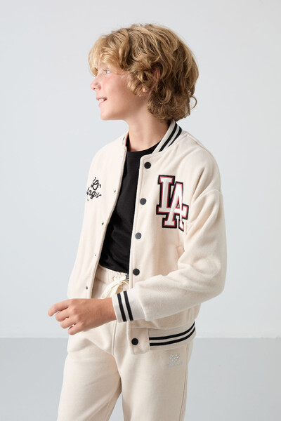 Tommylife Wholesale 7-15 Age Varsity Neck Standard Fit Boys' Fleece Jacket 11227 Beige - Thumbnail