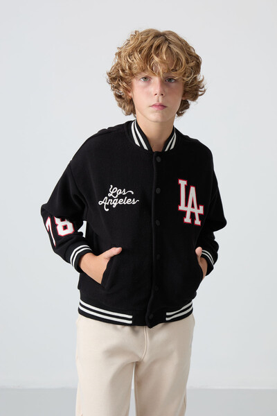 Tommylife Wholesale 7-15 Age Varsity Neck Standard Fit Boys' Fleece Jacket 11227 Black - Thumbnail