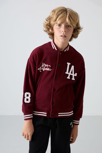 Tommylife Wholesale 7-15 Age Varsity Neck Standard Fit Boys' Fleece Jacket 11227 Bordeaux - Thumbnail