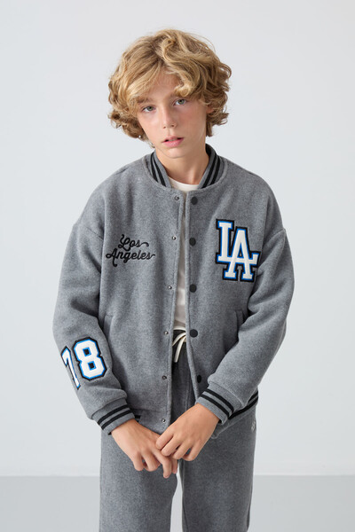 Tommylife Wholesale 7-15 Age Varsity Neck Standard Fit Boys' Fleece Jacket 11227 Gray Melange - Thumbnail