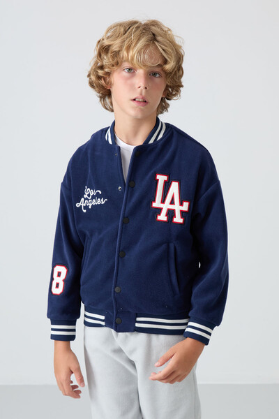 Tommylife Wholesale 7-15 Age Varsity Neck Standard Fit Boys' Fleece Jacket 11227 Navy Blue - Thumbnail