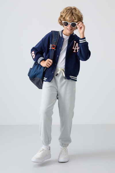 Tommylife Wholesale 7-15 Age Varsity Neck Standard Fit Boys' Fleece Jacket 11227 Navy Blue - Thumbnail