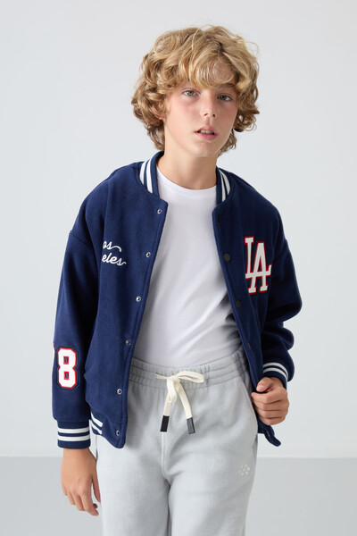 Tommylife Wholesale 7-15 Age Varsity Neck Standard Fit Boys' Fleece Jacket 11227 Navy Blue - Thumbnail