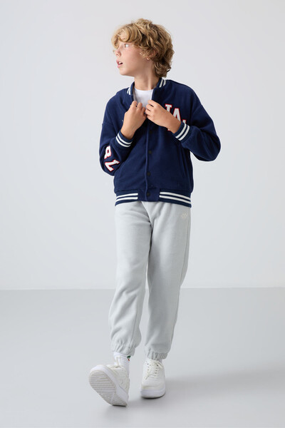 Tommylife Wholesale 7-15 Age Varsity Neck Standard Fit Boys' Fleece Jacket 11227 Navy Blue - Thumbnail