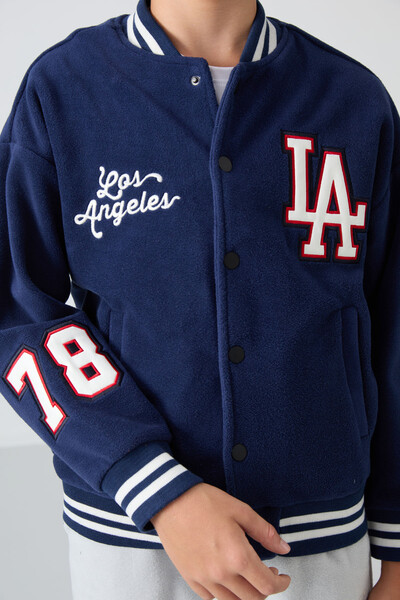 Tommylife Wholesale 7-15 Age Varsity Neck Standard Fit Boys' Fleece Jacket 11227 Navy Blue - Thumbnail