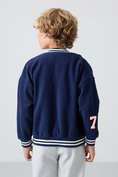 Tommylife Wholesale 7-15 Age Varsity Neck Standard Fit Boys' Fleece Jacket 11227 Navy Blue - Thumbnail