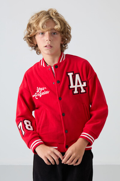 Tommylife Wholesale 7-15 Age Varsity Neck Standard Fit Boys' Fleece Jacket 11227 Red - Thumbnail