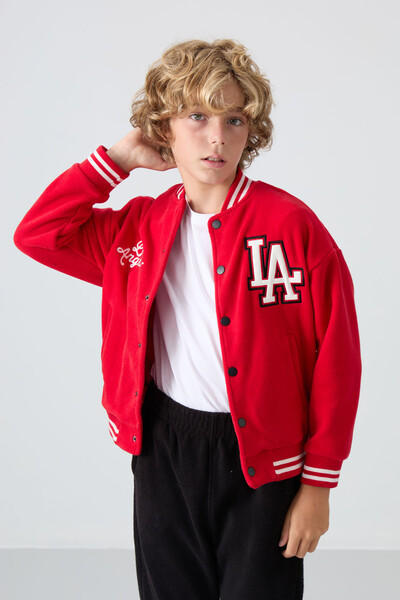 Tommylife Wholesale 7-15 Age Varsity Neck Standard Fit Boys' Fleece Jacket 11227 Red - Thumbnail