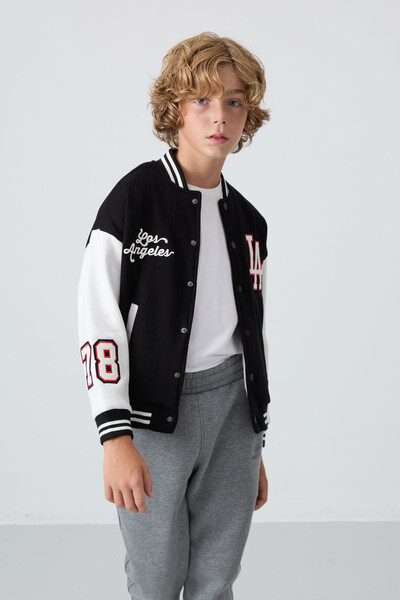 Tommylife Wholesale 7-15 Age Varsity Neck Standard Fit Boys' Jacket 11258 Black - Thumbnail