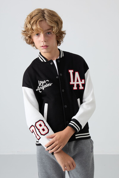 Tommylife Wholesale 7-15 Age Varsity Neck Standard Fit Boys' Jacket 11258 Black - Thumbnail