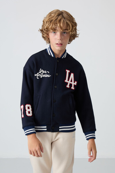 Tommylife Wholesale 7-15 Age Varsity Neck Standard Fit Boys' Jacket 11258 Navy Blue - Thumbnail