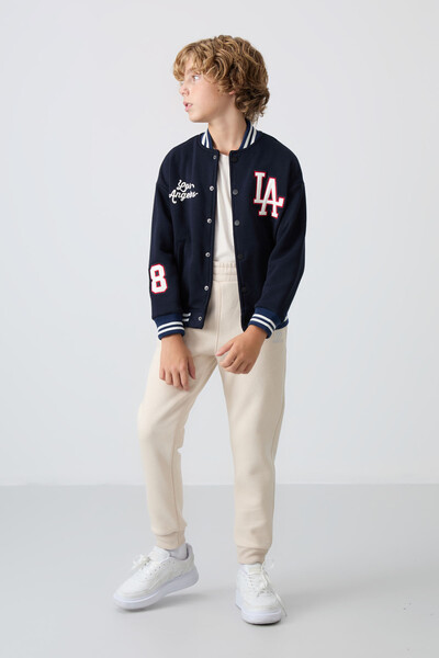 Tommylife Wholesale 7-15 Age Varsity Neck Standard Fit Boys' Jacket 11258 Navy Blue - Thumbnail