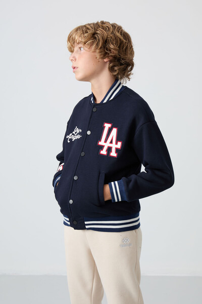 Tommylife Wholesale 7-15 Age Varsity Neck Standard Fit Boys' Jacket 11258 Navy Blue - Thumbnail