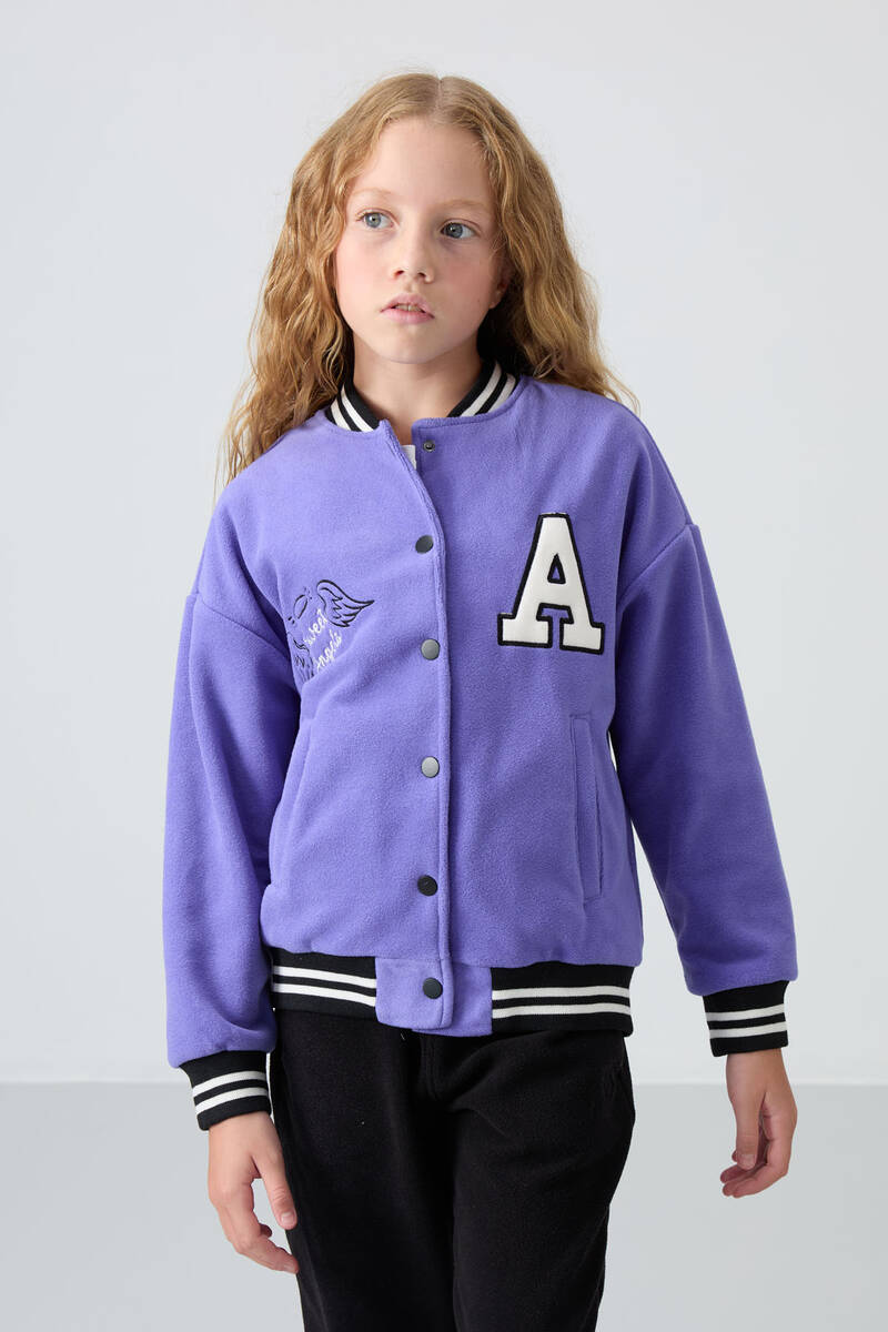 TommyLife - Tommylife Wholesale 7-15 Age Varsity Neck Standard Fit Girls Fleece Jacket 75156 Amethyst