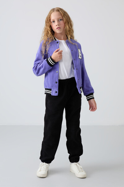 Tommylife Wholesale 7-15 Age Varsity Neck Standard Fit Girls Fleece Jacket 75156 Amethyst - Thumbnail