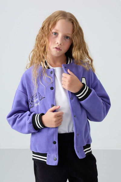 Tommylife Wholesale 7-15 Age Varsity Neck Standard Fit Girls Fleece Jacket 75156 Amethyst - Thumbnail