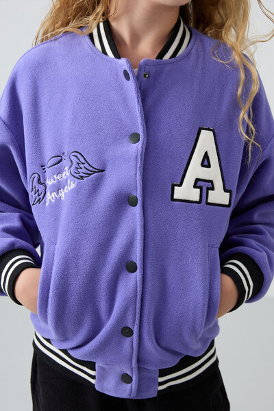 Tommylife Wholesale 7-15 Age Varsity Neck Standard Fit Girls Fleece Jacket 75156 Amethyst - Thumbnail