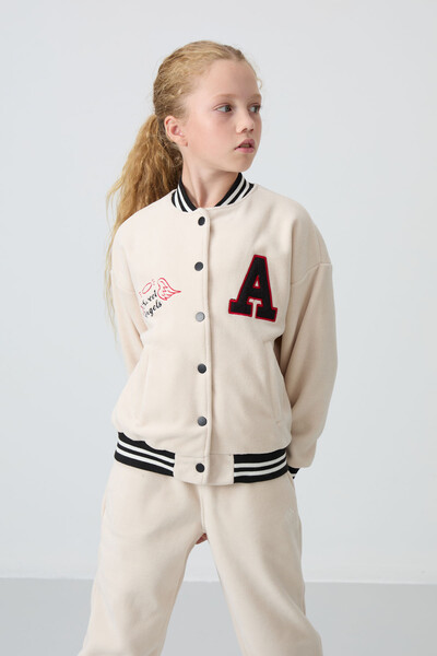 Tommylife Wholesale 7-15 Age Varsity Neck Standard Fit Girls Fleece Jacket 75156 Beige - Thumbnail