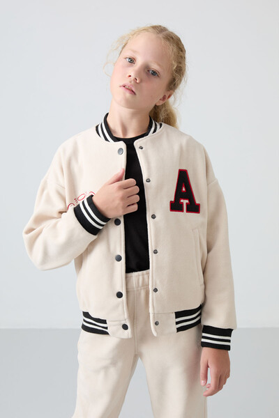 Tommylife Wholesale 7-15 Age Varsity Neck Standard Fit Girls Fleece Jacket 75156 Beige - Thumbnail