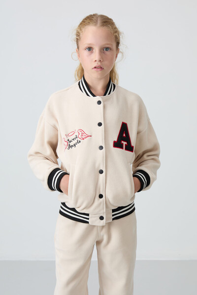 Tommylife Wholesale 7-15 Age Varsity Neck Standard Fit Girls Fleece Jacket 75156 Beige - Thumbnail