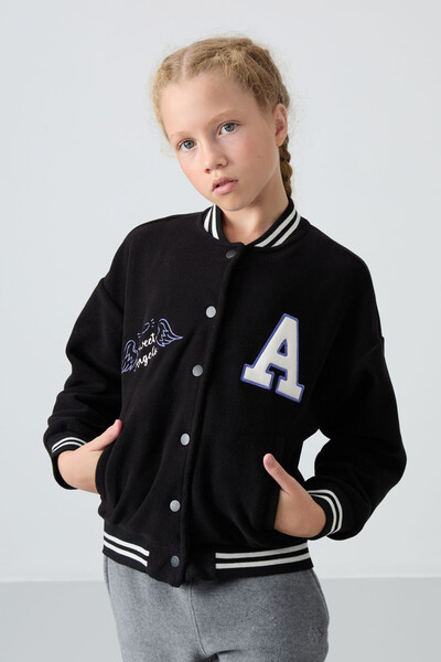 Tommylife Wholesale 7-15 Age Varsity Neck Standard Fit Girls Fleece Jacket 75156 Black - Thumbnail