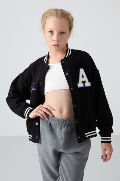 Tommylife Wholesale 7-15 Age Varsity Neck Standard Fit Girls Fleece Jacket 75156 Black - Thumbnail