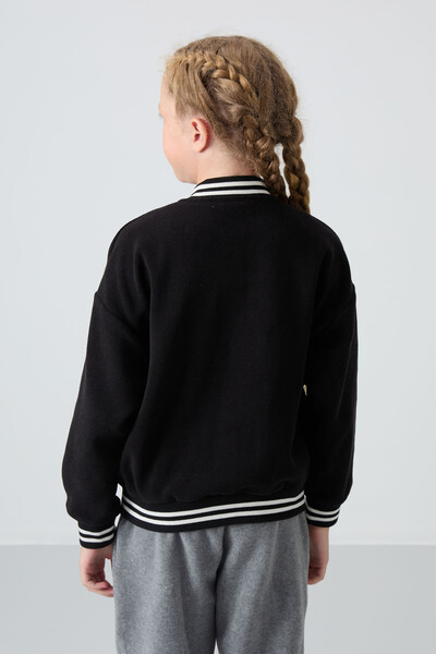 Tommylife Wholesale 7-15 Age Varsity Neck Standard Fit Girls Fleece Jacket 75156 Black - Thumbnail