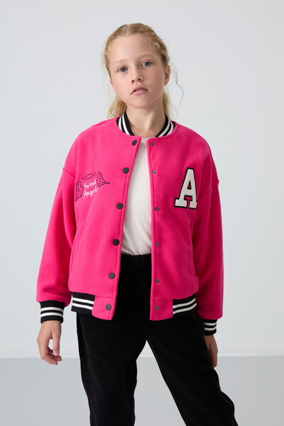 Tommylife Wholesale 7-15 Age Varsity Neck Standard Fit Girls Fleece Jacket 75156 Fuchsia - Thumbnail