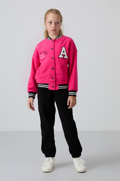 Tommylife Wholesale 7-15 Age Varsity Neck Standard Fit Girls Fleece Jacket 75156 Fuchsia - Thumbnail