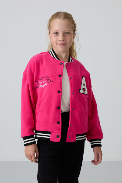 Tommylife Wholesale 7-15 Age Varsity Neck Standard Fit Girls Fleece Jacket 75156 Fuchsia - Thumbnail