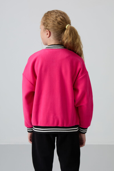 Tommylife Wholesale 7-15 Age Varsity Neck Standard Fit Girls Fleece Jacket 75156 Fuchsia - Thumbnail