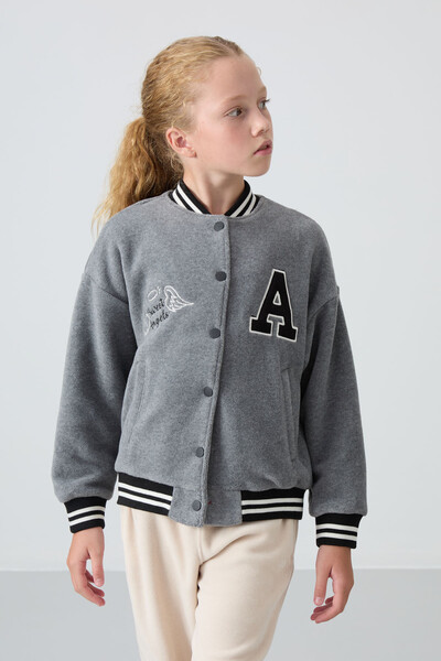 Tommylife Wholesale 7-15 Age Varsity Neck Standard Fit Girls Fleece Jacket 75156 Gray Melange - Thumbnail