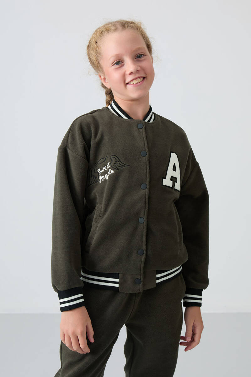 TommyLife - Tommylife Wholesale 7-15 Age Varsity Neck Standard Fit Girls Fleece Jacket 75156 Khaki