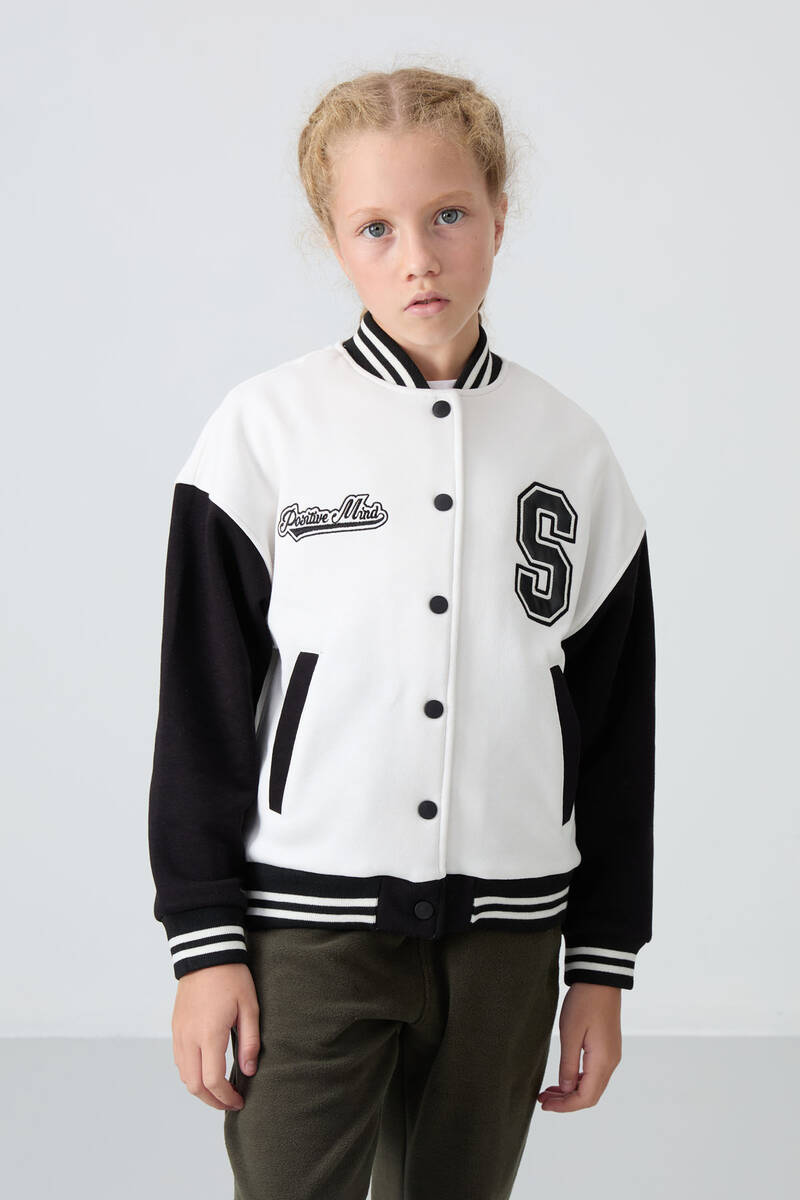 TommyLife - Tommylife Wholesale 7-15 Age Varsity Neck Standard Fit Girls Jacket 75163 Ecru