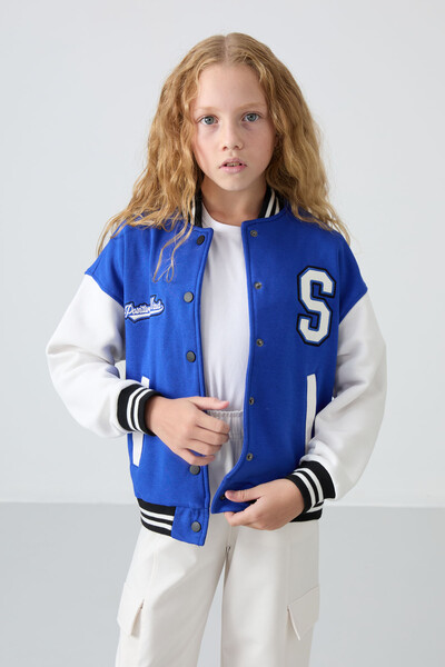 Tommylife Wholesale 7-15 Age Varsity Neck Standard Fit Girls Jacket 75163 Night Blue - Thumbnail