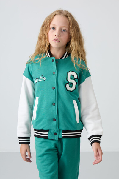 Tommylife Wholesale 7-15 Age Varsity Neck Standard Fit Girls Jacket 75163 Sea Green - Thumbnail