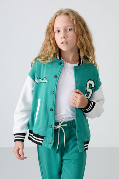 Tommylife Wholesale 7-15 Age Varsity Neck Standard Fit Girls Jacket 75163 Sea Green - Thumbnail